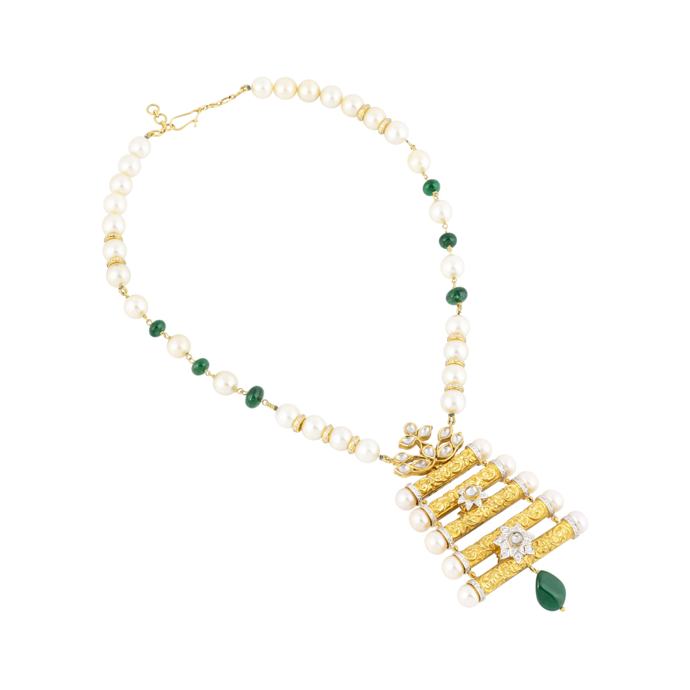 Floral Enamel Pendant Set with Pearls & Emerald Drops